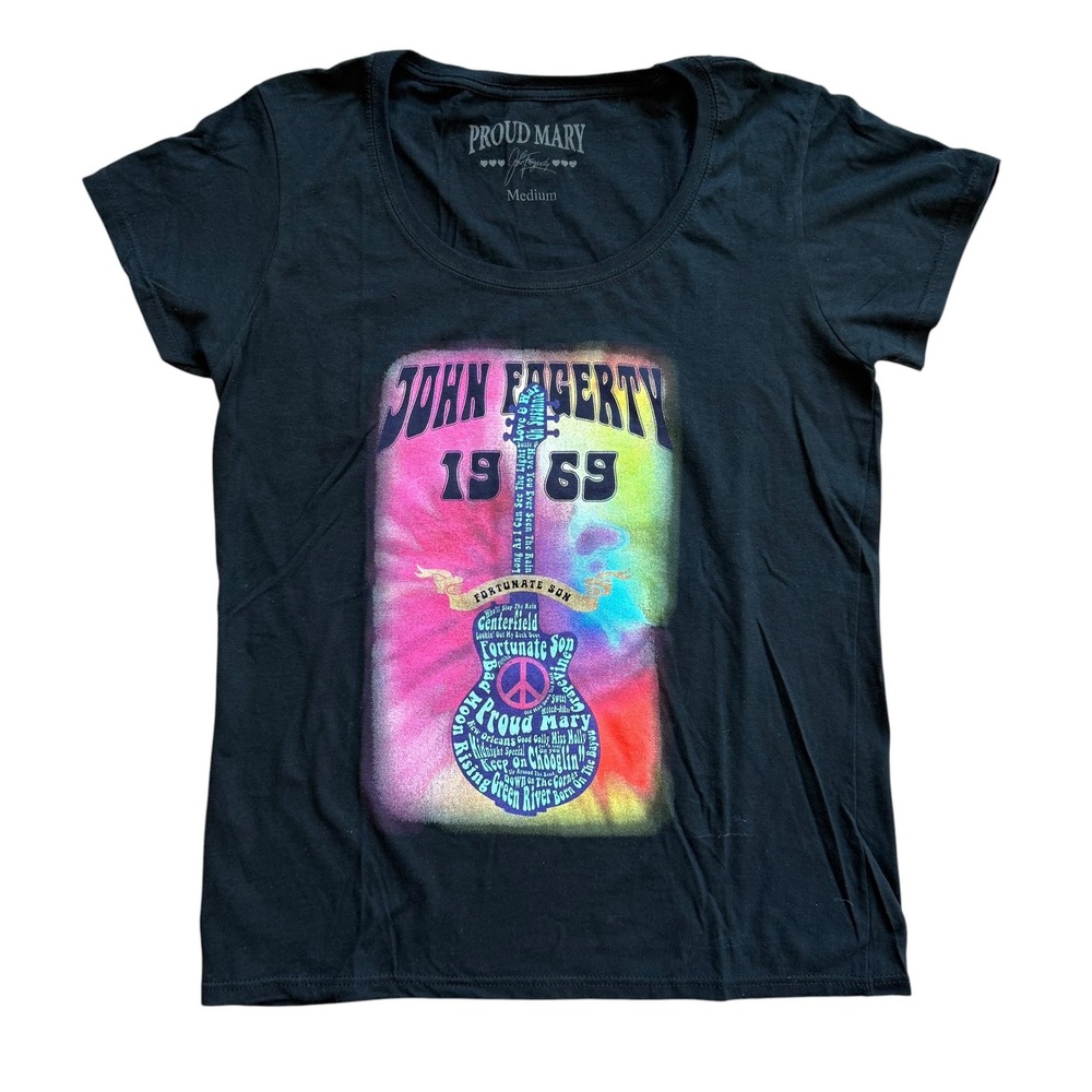 John Fogerty Proud Mary 1969 Graphic Tee Black Scoop Neck T-Shirt Womens Medium